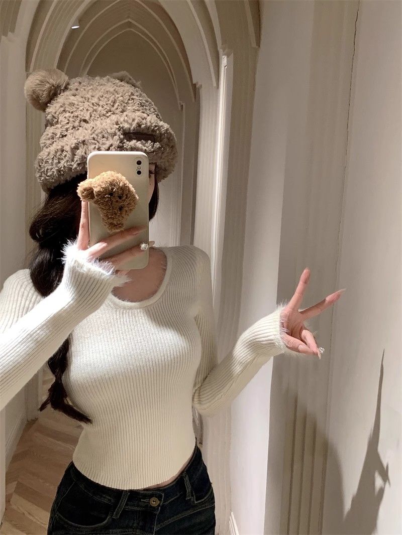 Gray hollow furry turtleneck sweater for women in spring and autumn, waist-cinching inner sweater, long-sleeved temperament bottoming shirt top