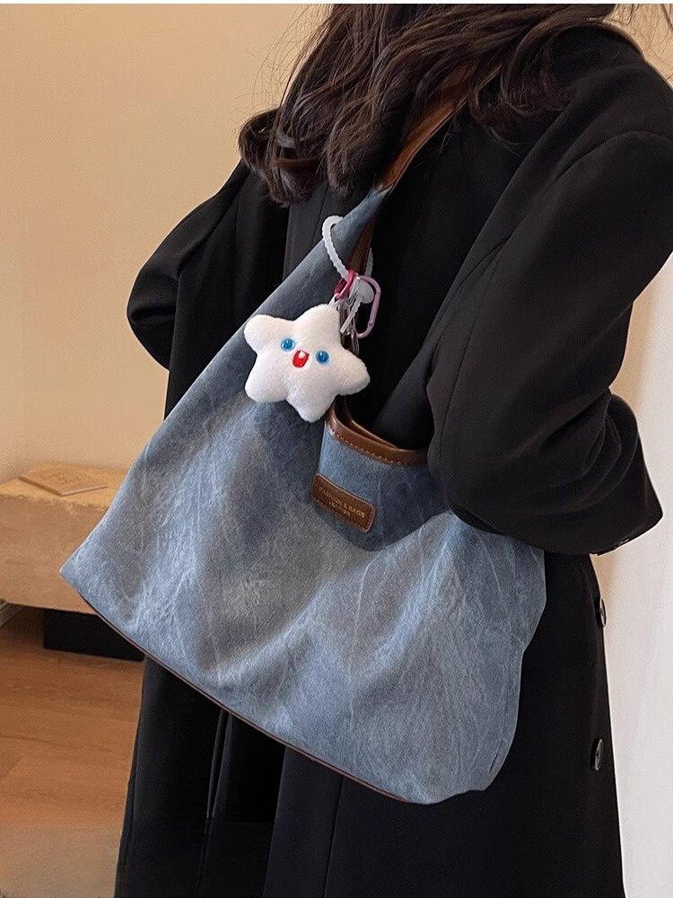 Large-capacity bag for women 2024 new autumn and winter canvas denim tote bag college student class bag armpit shoulder bag
