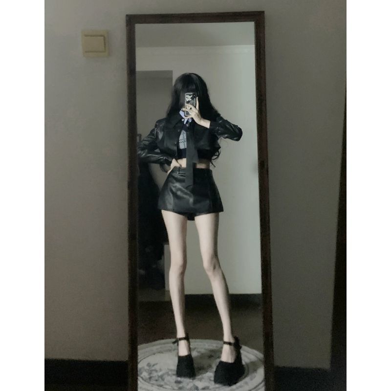 辣妹黑色短外套夾克皮衣春季套裝女包臀短裙半身裙襯衫馬甲四件套