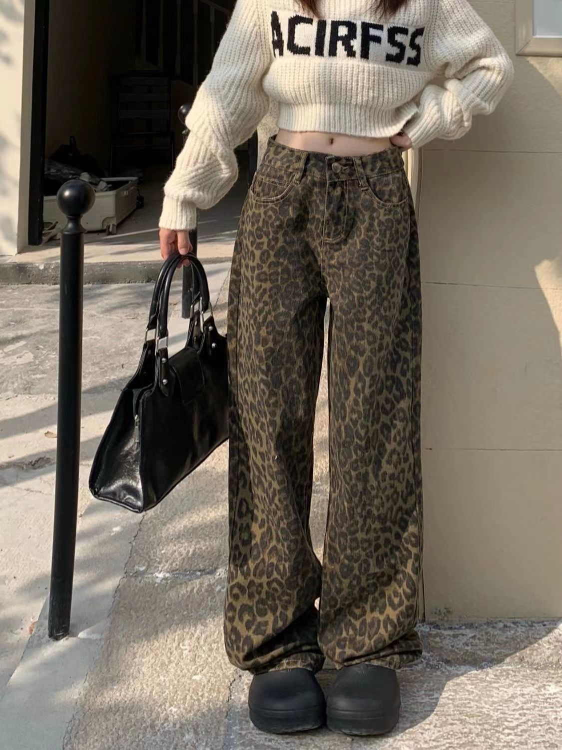 美式復古高腰豹紋牛仔褲女春季新款寬鬆顯瘦直筒垂感百搭拖地長褲