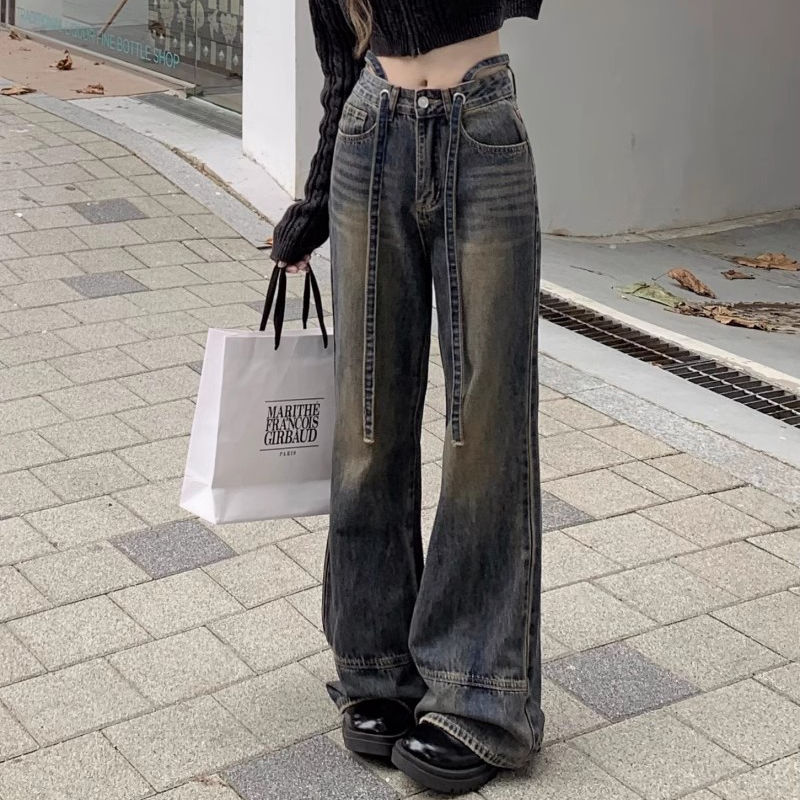 復古港風抽繩直筒牛仔褲女小個子高腰顯瘦闊腿褲水洗寬鬆拖地長褲