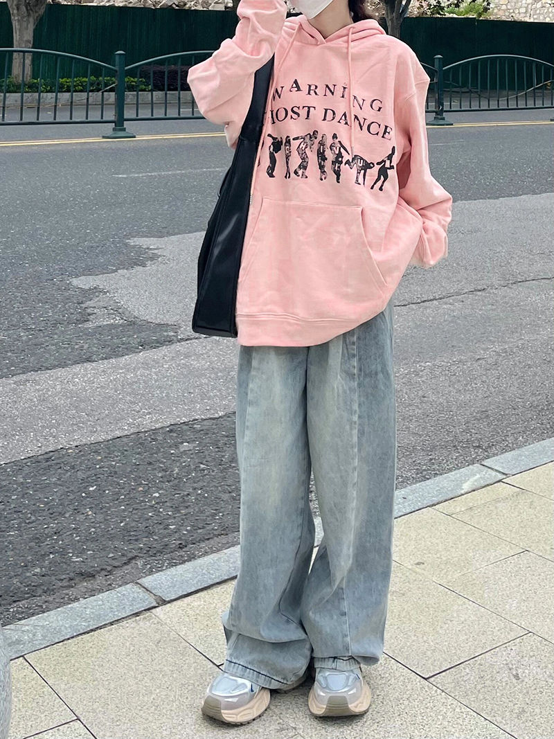 復古高街設計感褶皺闊腿牛仔女春秋新款高腰顯瘦寬鬆直筒拖地褲子