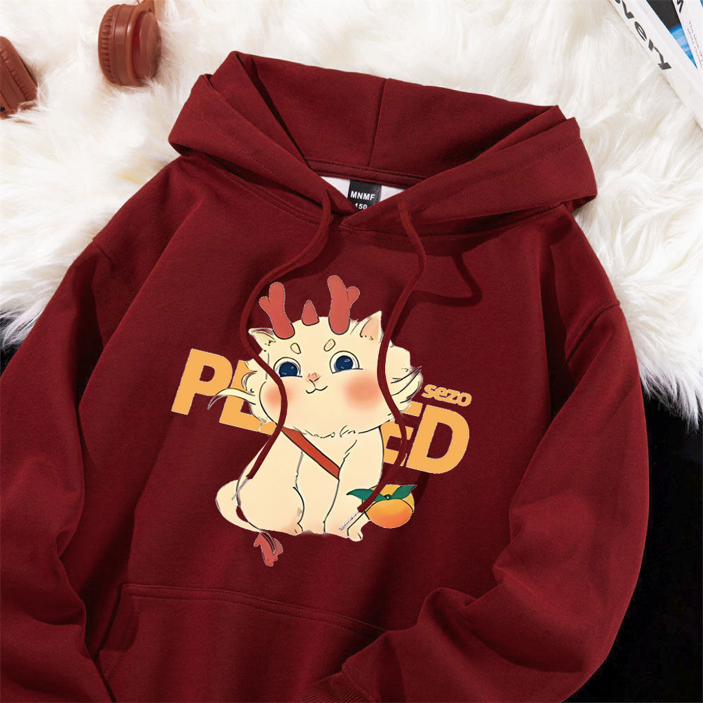 Heavyweight pure cotton silver fox velvet national fashion brand cute cartoon burgundy hooded sweatshirt for men and women autumn and winter loose coat