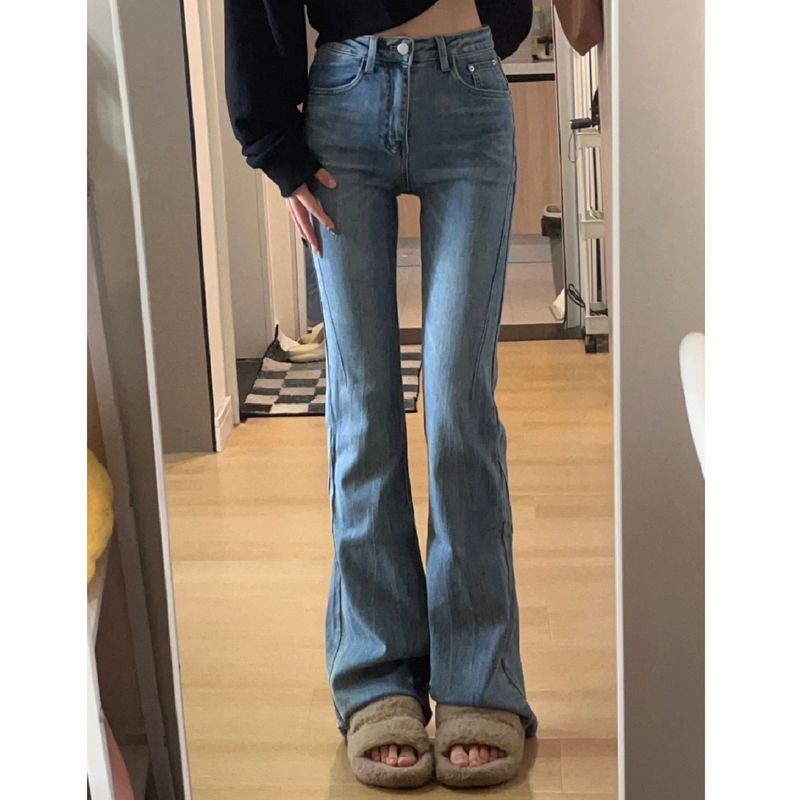 淺色微喇叭牛仔褲女小個子美式復古高腰直筒褲子馬蹄褲拖地長褲潮