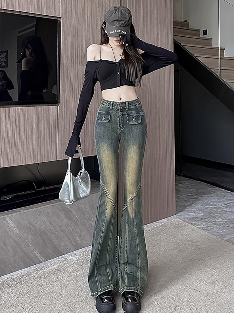 美式復古網紅辣妹微喇牛仔褲女高腰2024春新款彈力修身顯瘦喇叭褲