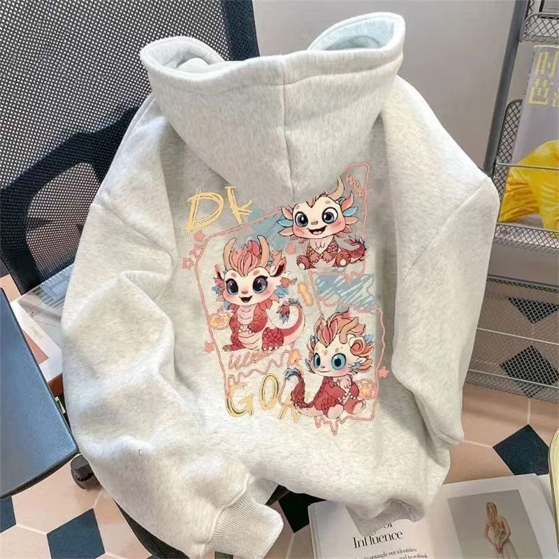 Heavyweight pure cotton silver fox velvet national trend retro cartoon dragon print hooded sweatshirt for men and women autumn and winter plus velvet thickened jacket