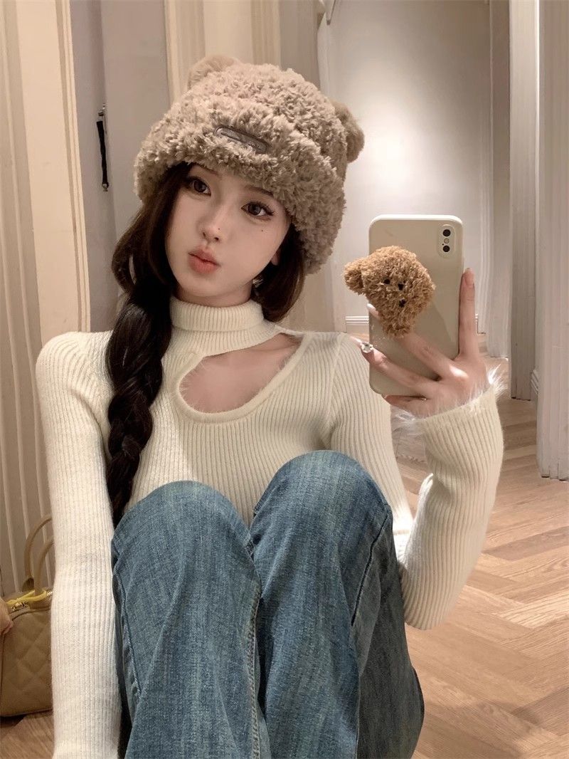 Gray hollow furry turtleneck sweater for women in spring and autumn, waist-cinching inner sweater, long-sleeved temperament bottoming shirt top