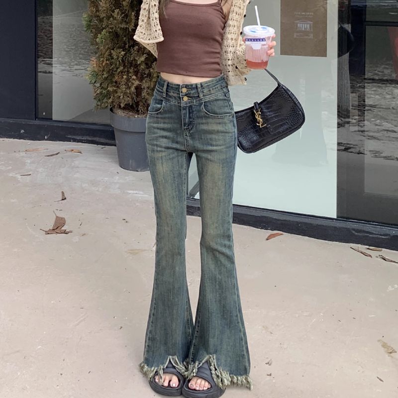 流蘇毛邊牛仔褲女小個子復古高腰彈力微喇叭褲子修身直筒拖地長褲