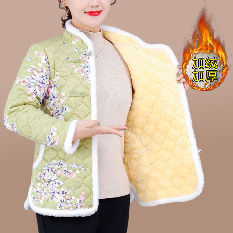 New winter Chinese style plus velvet cotton-padded jacket for women, Chinese-style mother's retro buckle small cotton-padded coat, thickened cotton-padded jacket