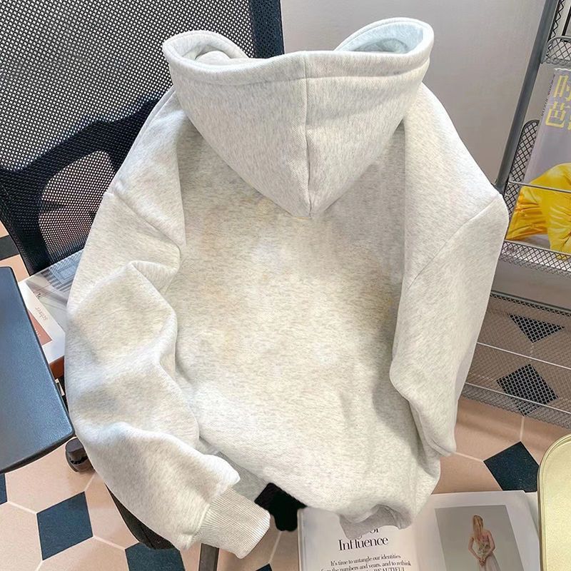 Heavyweight pure cotton silver fox velvet American trendy brand letter hooded sweatshirt for men and women in autumn and winter niche loose lazy style jacket