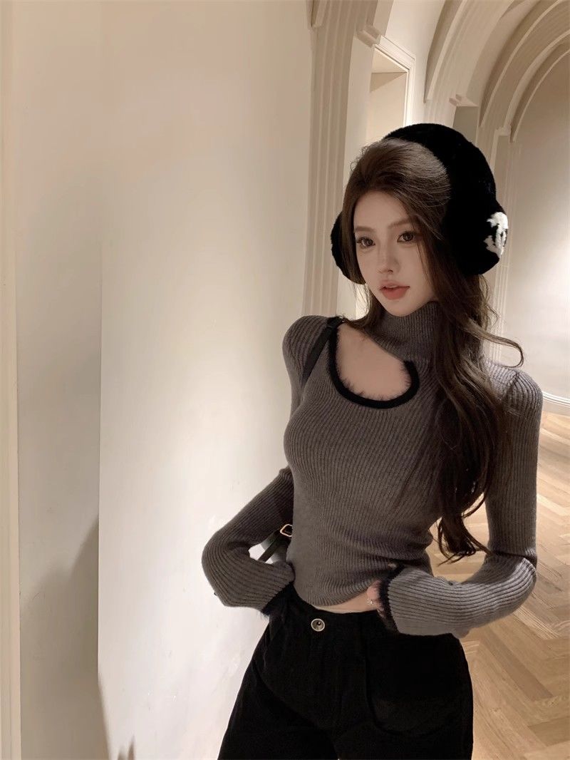 Gray hollow furry turtleneck sweater for women in spring and autumn, waist-cinching inner sweater, long-sleeved temperament bottoming shirt top