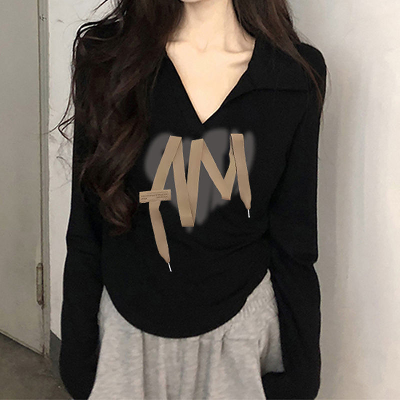 純棉正肩長袖t恤女短款新款秋季弧形下擺純欲風修身辣妹上衣ins潮