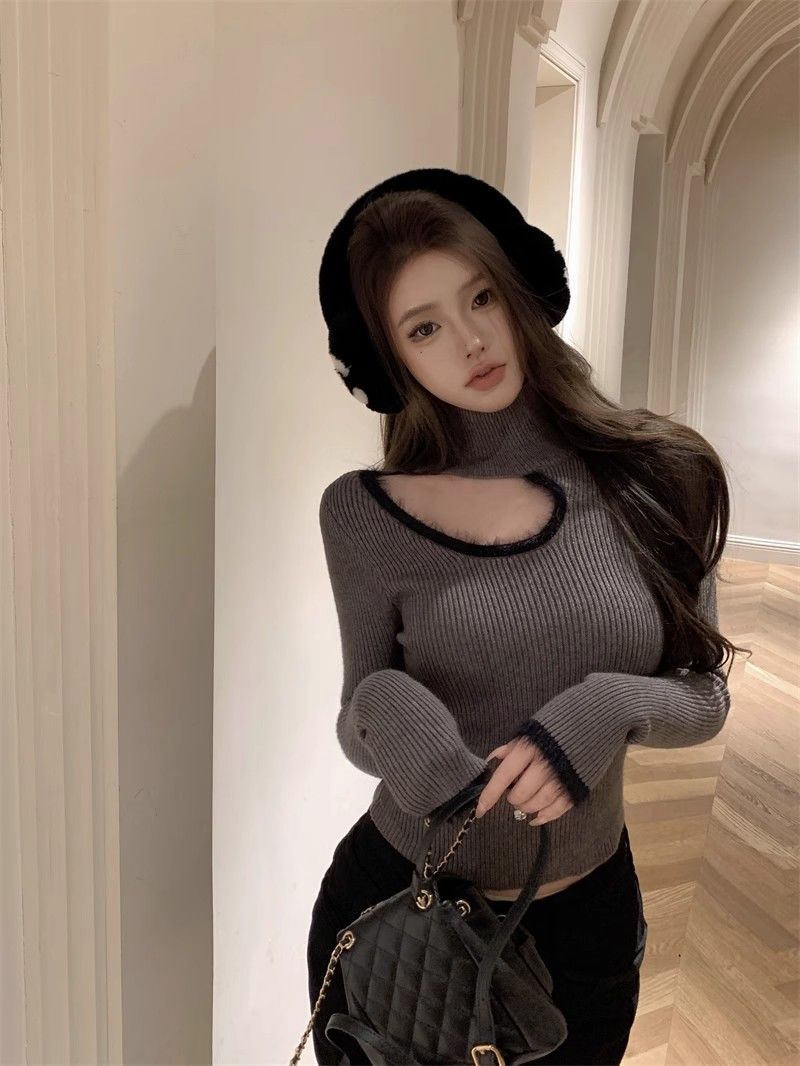 Gray hollow furry turtleneck sweater for women in spring and autumn, waist-cinching inner sweater, long-sleeved temperament bottoming shirt top