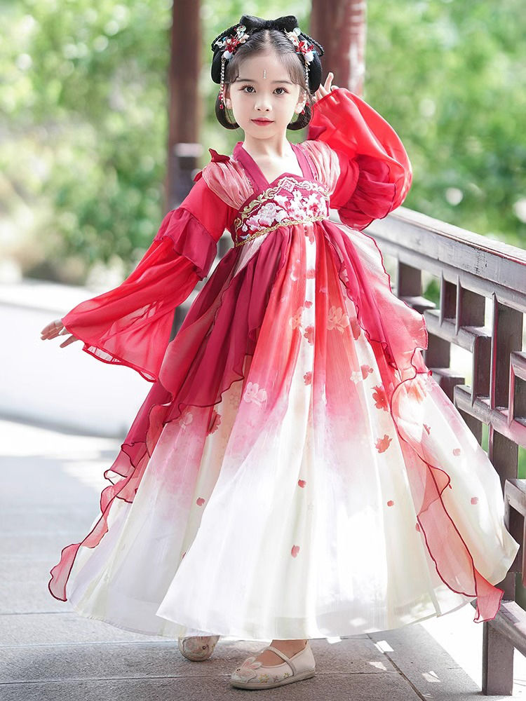 漢服女童2023新款兒童唐裝古風超仙中國風春秋款小女孩公主連衣裙