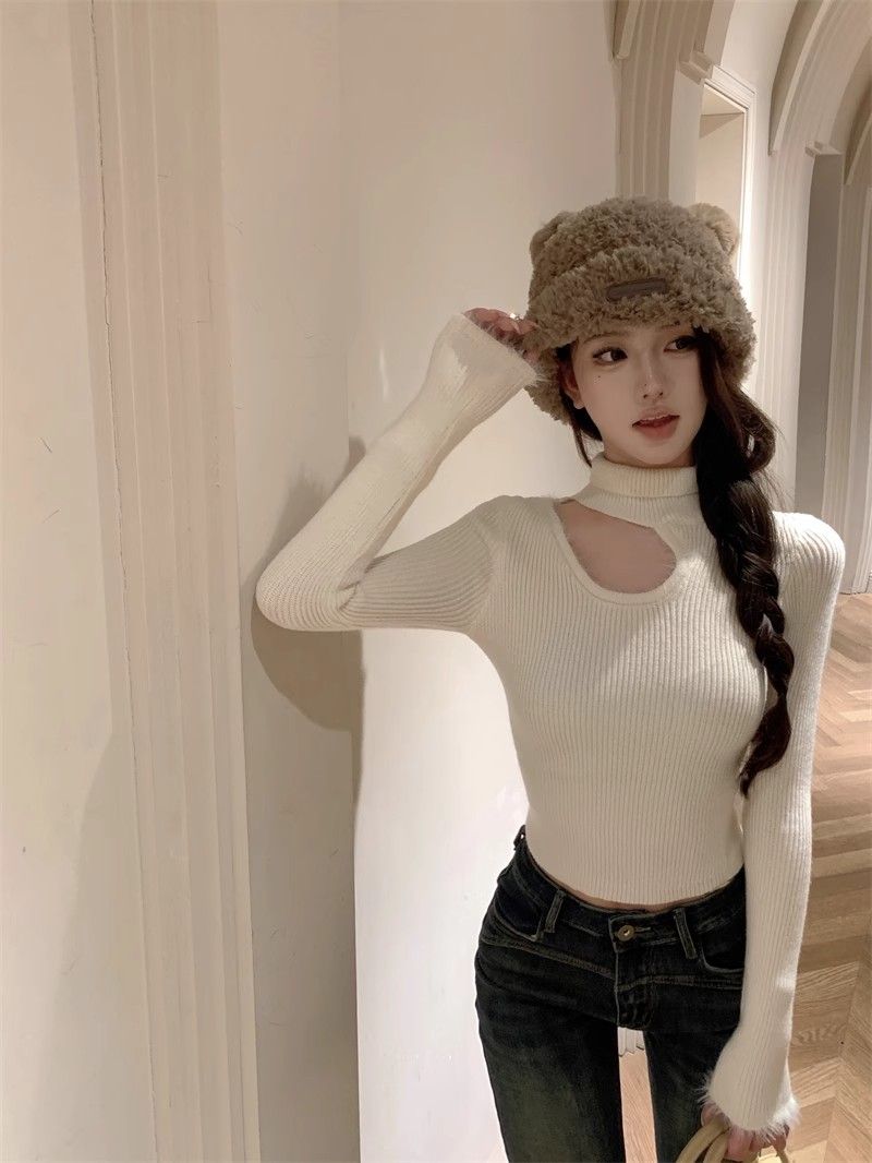 Gray hollow furry turtleneck sweater for women in spring and autumn, waist-cinching inner sweater, long-sleeved temperament bottoming shirt top