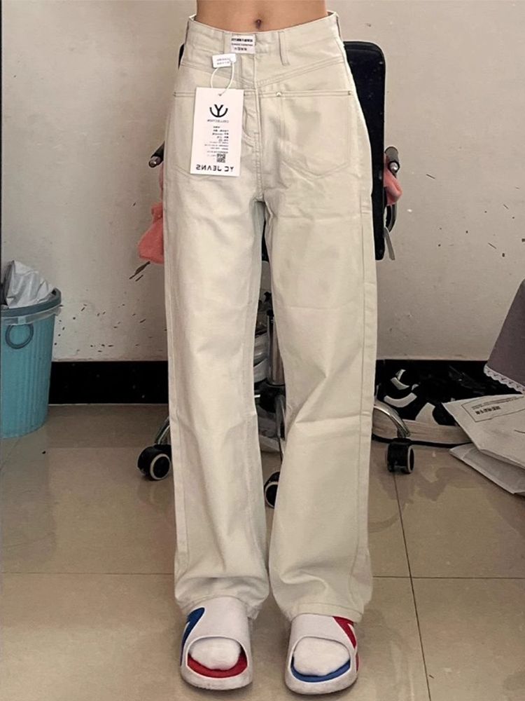 沙白色闊腿牛仔褲女冬季新款設計感高腰寬鬆顯瘦百搭窄版直筒褲子