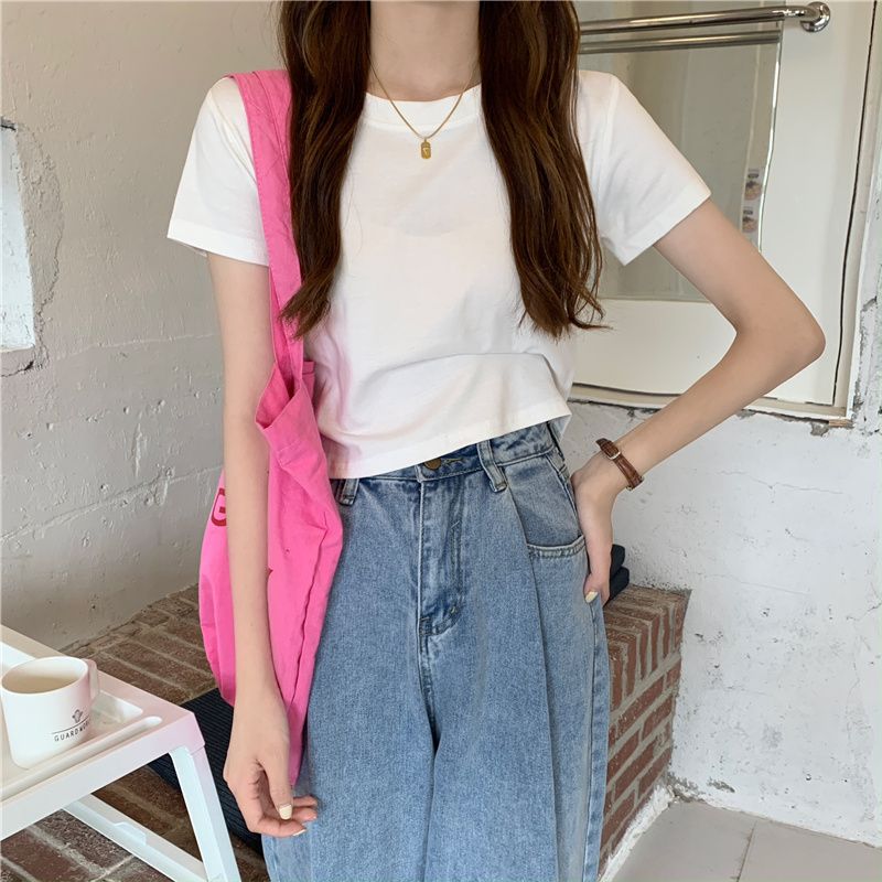 白色基礎款圓領短袖t恤女夏修身顯瘦小個子短款純色正肩上衣ins潮