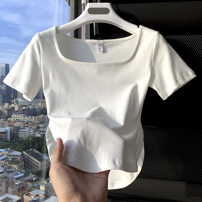 正肩短袖T恤女设计感小众夏季别致独特纯棉方领修身白色短款上衣