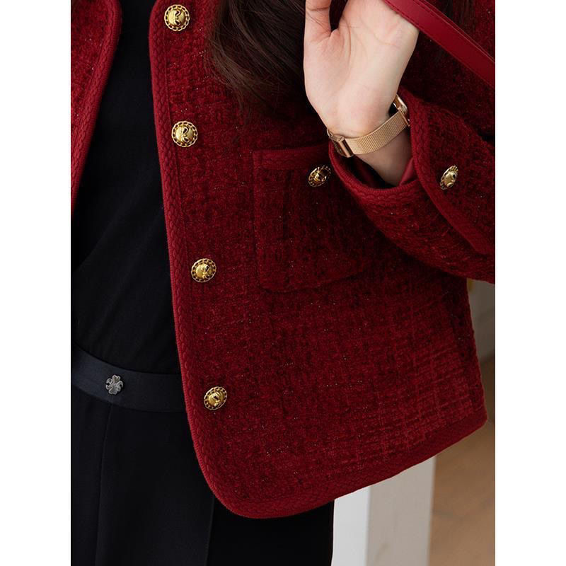 Burgundy small fragrant jacket for women  autumn and winter new style short French style top for ladies and petite women