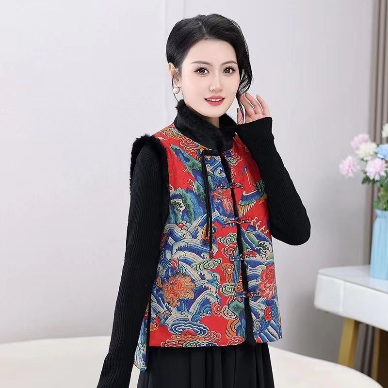 Chinese style autumn and winter vest New Year's shirt retro vest ethnic new coat embroidered vest temperament top