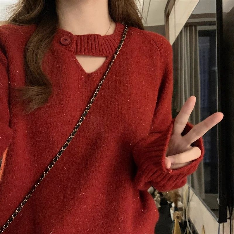 喜慶紅色龍年時尚洋氣上毛衣女設計感小眾鏤空加厚針織打底衫秋冬