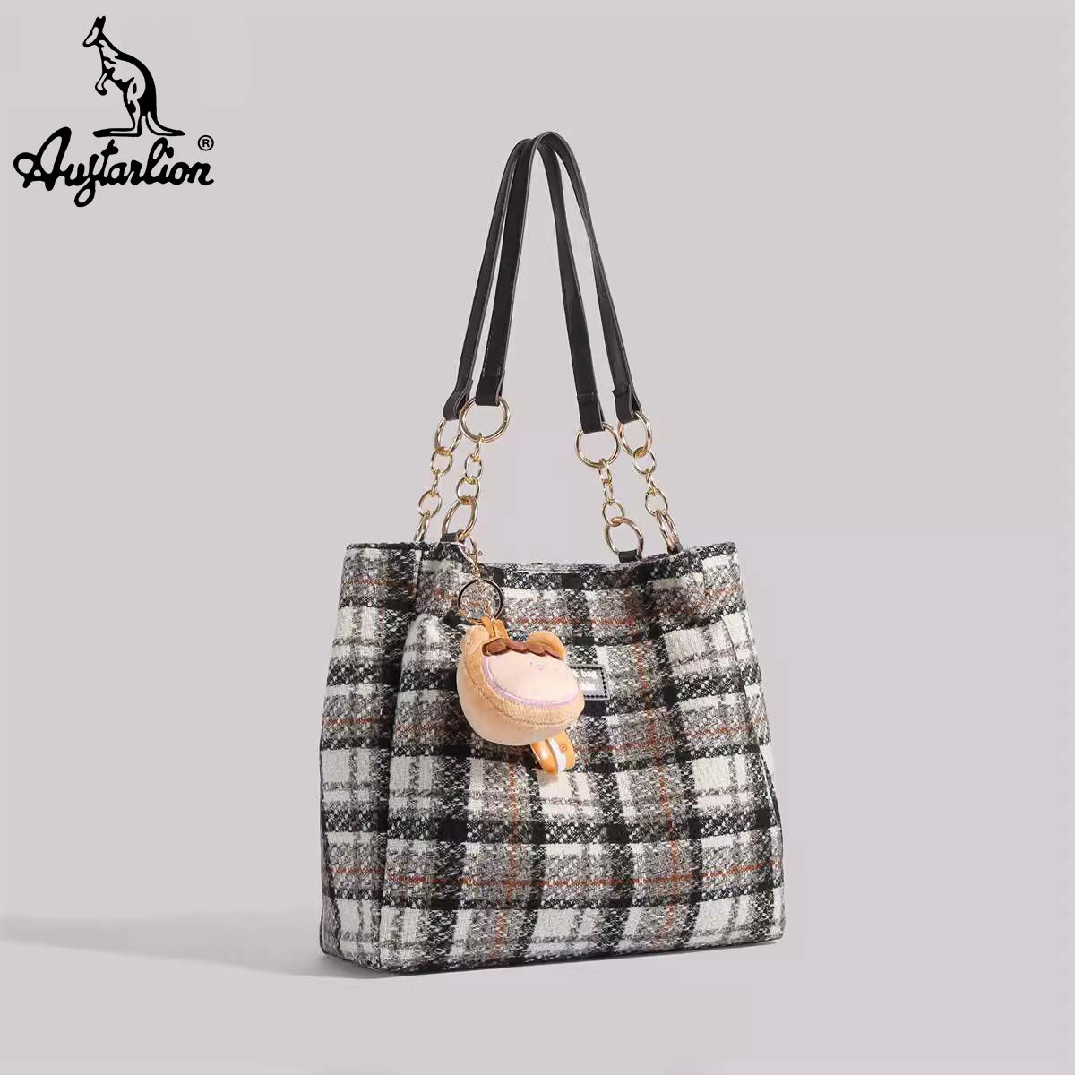 AUGTARLION high-looking outing large-capacity bag women's new retro texture woolen plaid tote bag