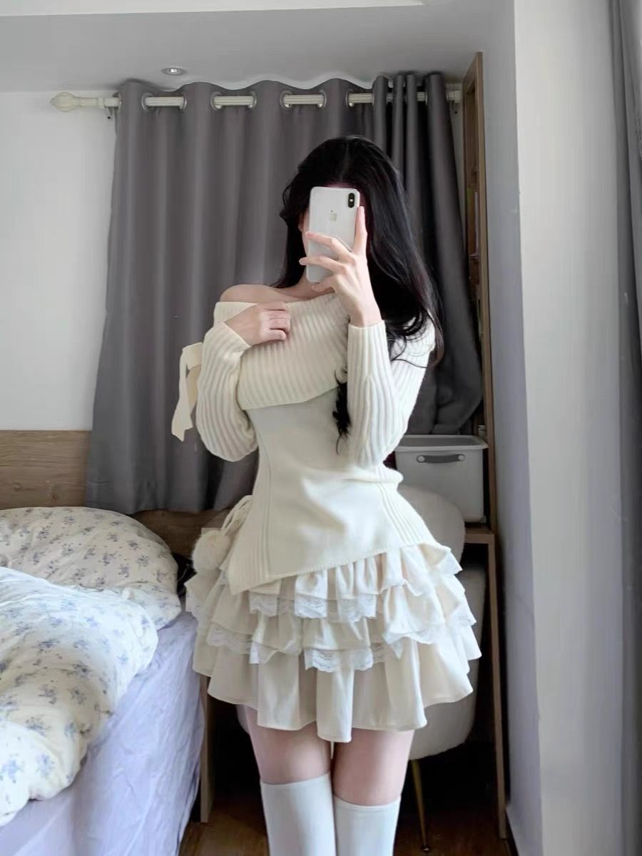 純欲風甜美一字肩蝴蝶結套頭毛衣女修身針織衫上衣蛋糕半身裙套裝
