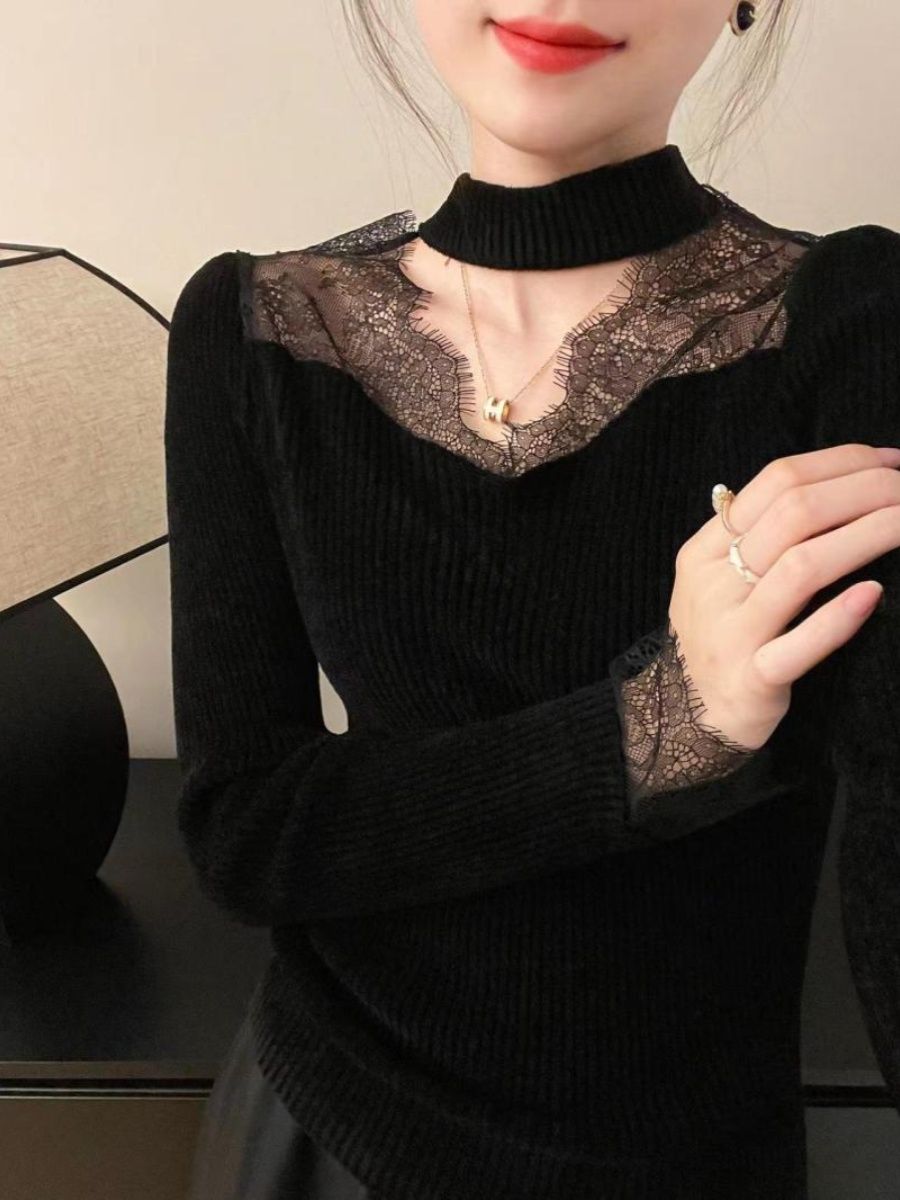 黑色蕾絲拼接掛脖毛衣女秋冬新款高級感V領針織衫內搭打底衫上衣