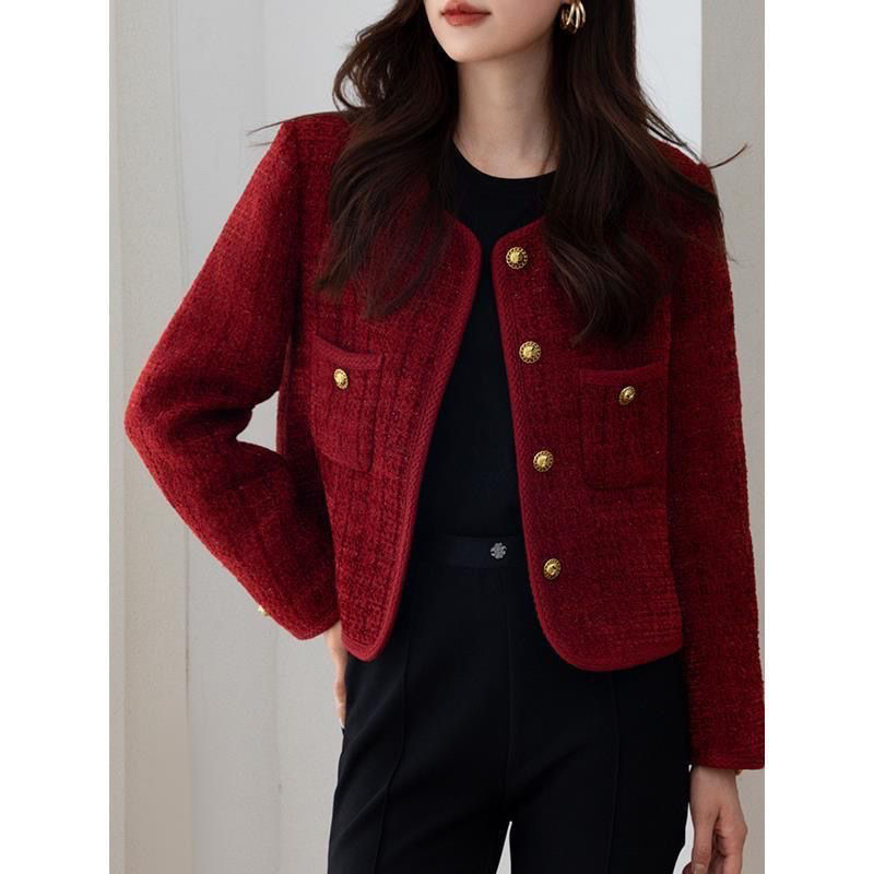 Burgundy small fragrant jacket for women  autumn and winter new style short French style top for ladies and petite women