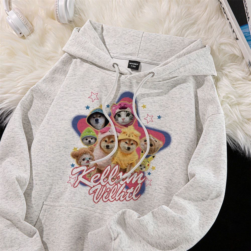 Designed animal print Korean style plus velvet thickened hooded medium and large children's sweatshirt oversize loose niche versatile