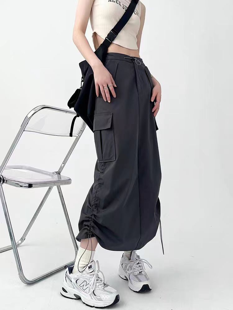 Plus size skirt workwear pleated skirt women's drawstring American hot girl retro loose slit skirt casual mid-length