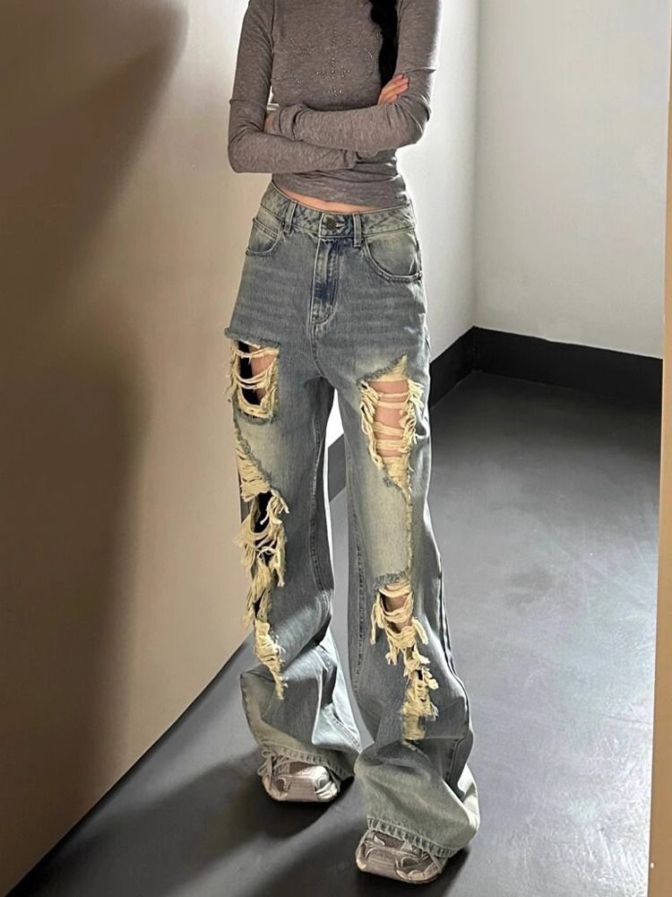 美式街頭破洞牛仔褲女冬季新款復古高腰寬鬆闊腿顯瘦百搭直筒褲子