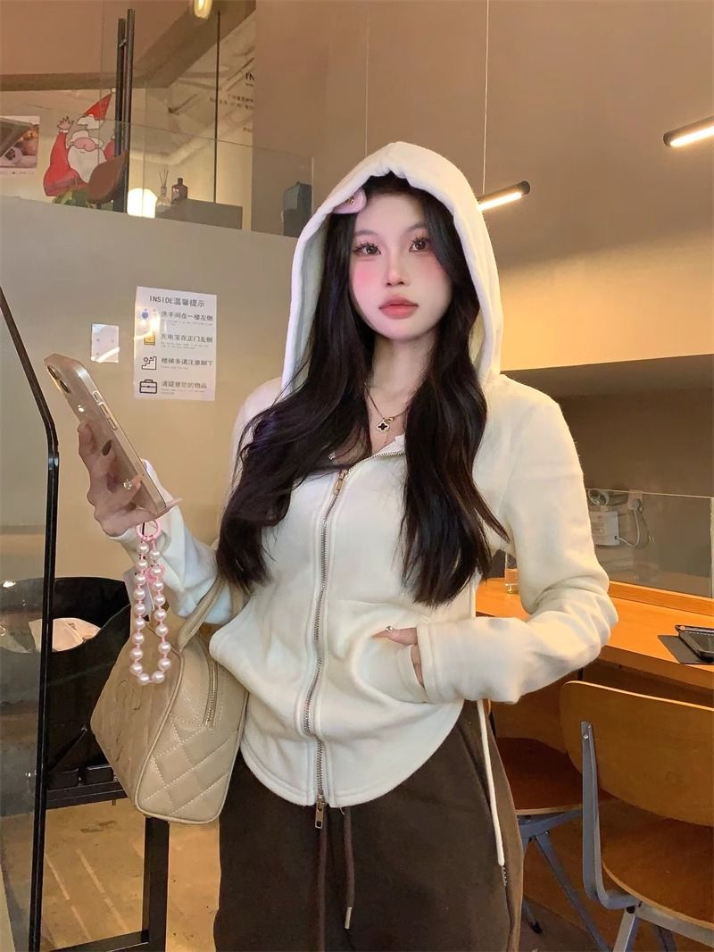 雙拉鏈連帽衛衣外套女秋冬季不規則加絨加厚修身休閒運動開衫上衣