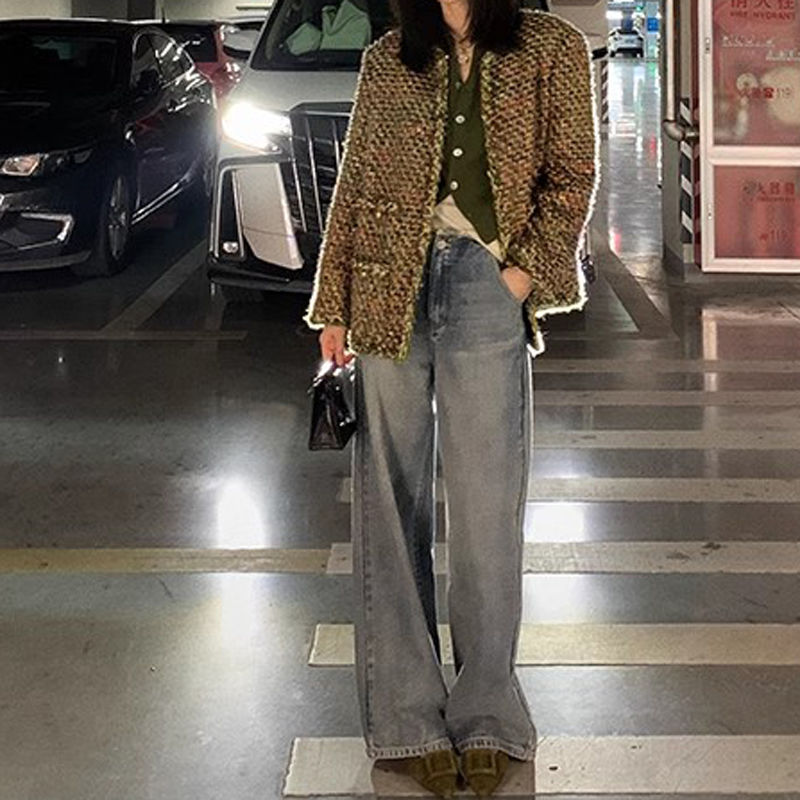 辣妹復古做舊高腰窄版闊腿牛仔褲女小個子直筒顯瘦垂感拖地長褲潮