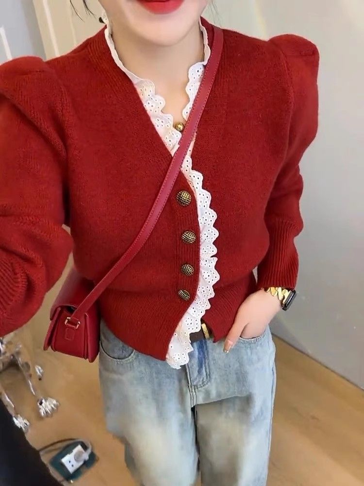 TOP gentle style splicing lace V-neck lace cardigan sweater for women 2024 spring and autumn new sweet temperament sweater