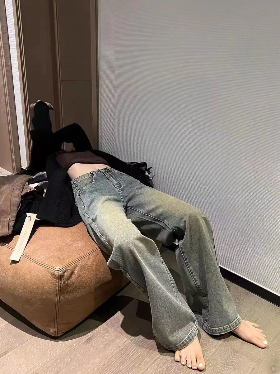 做舊水洗藍色闊腿牛仔褲女復古高腰顯瘦直筒百搭休閒拖地褲潮ins