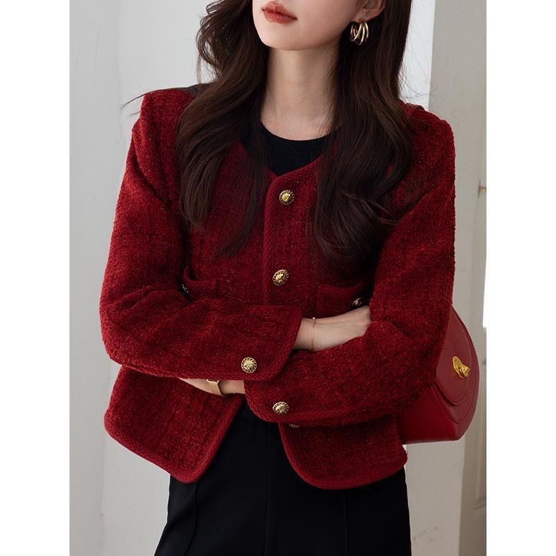 Burgundy small fragrant jacket for women  autumn and winter new style short French style top for ladies and petite women