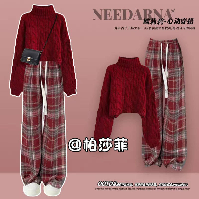 冬季溫柔系穿搭一整套女2023新款鹽系炸街新年紅毛衣格子褲兩件套