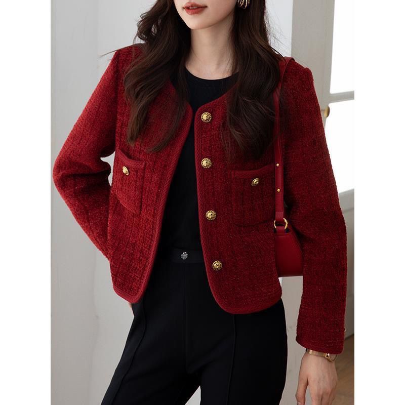 Burgundy small fragrant jacket for women  autumn and winter new style short French style top for ladies and petite women