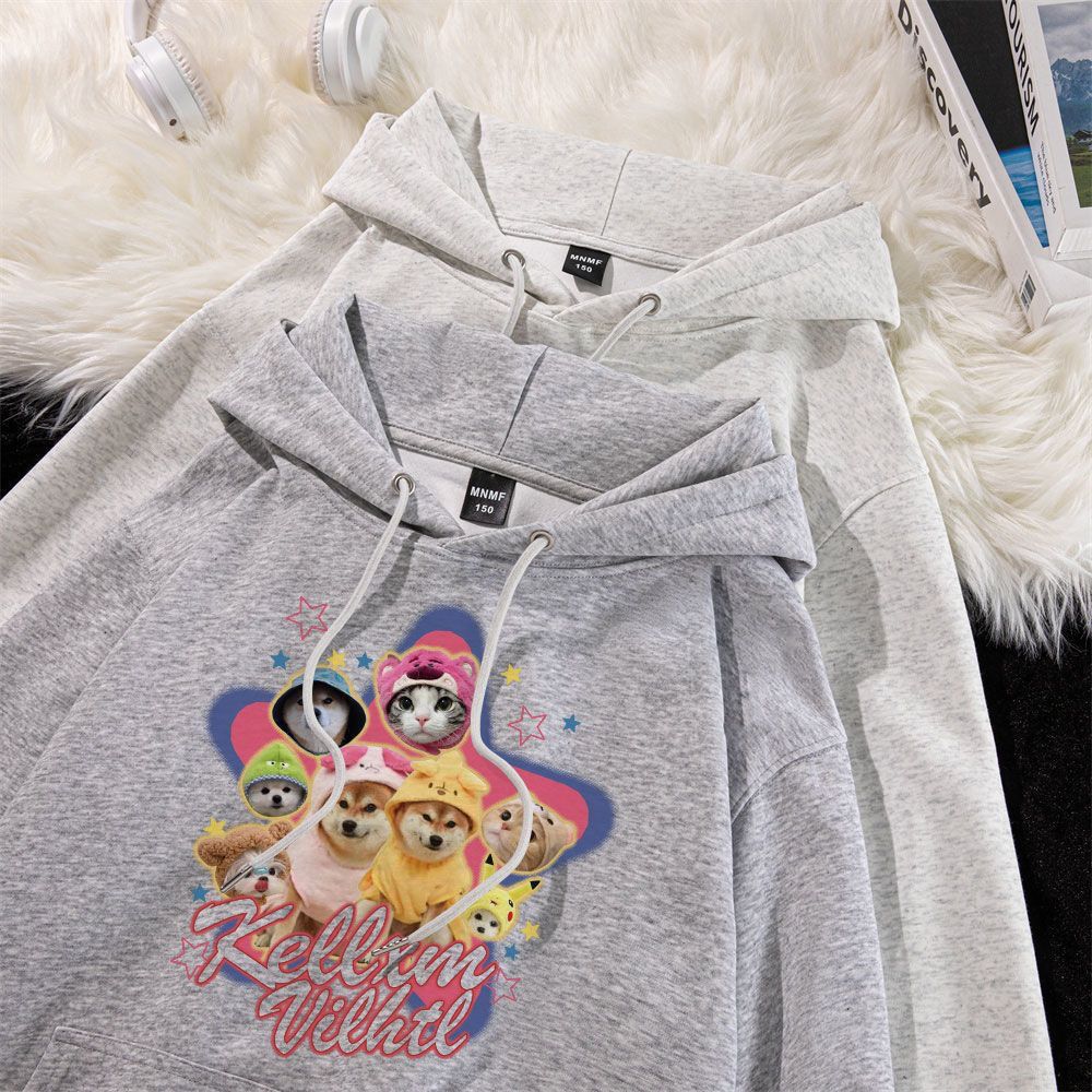 Designed animal print Korean style plus velvet thickened hooded medium and large children's sweatshirt oversize loose niche versatile