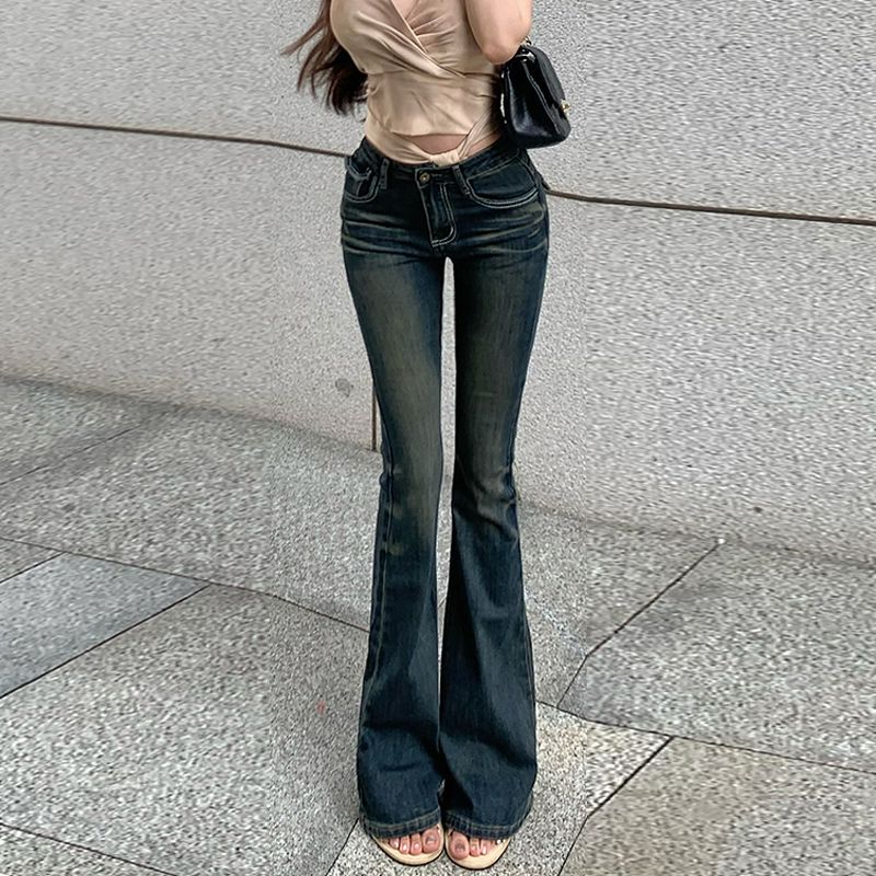 辣妹做舊微喇牛仔褲女春季小個子高腰彈力修身顯瘦拖地褲馬蹄長褲