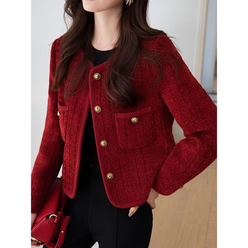 Burgundy small fragrant jacket for women  autumn and winter new style short French style top for ladies and petite women