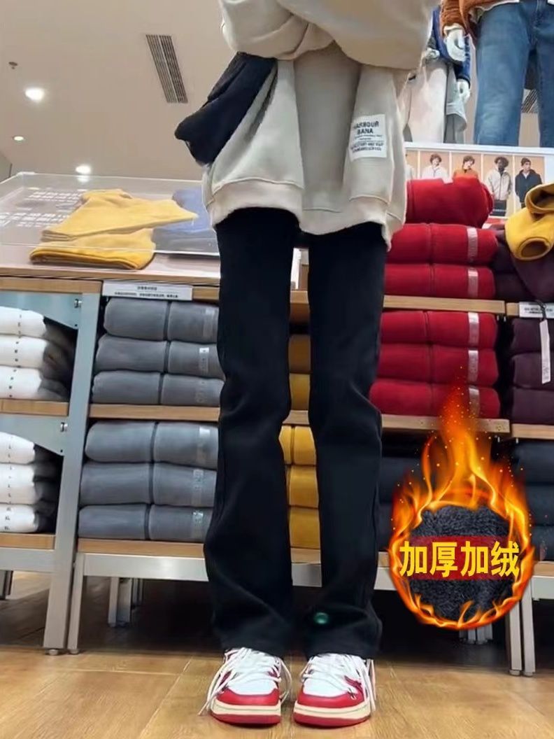 黑色窄版直筒牛仔褲女冬加絨高腰修身闊腿顯瘦煙管堆堆褲子ins潮
