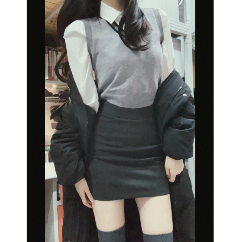 三件套女2024春季新款學院風V領短款針織毛衣馬甲襯衫高腰半身裙