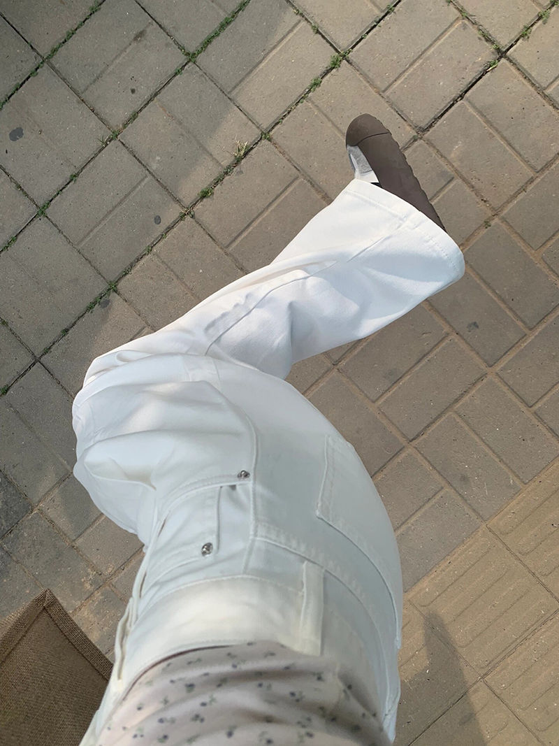 白色高腰褶皺小個子牛仔褲女春夏新款ins寬鬆顯瘦直筒闊腿拖地褲