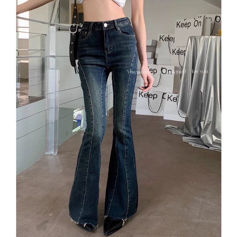 復古毛邊牛仔褲女春季小個子高腰彈力微喇叭褲子修身直筒拖地長褲