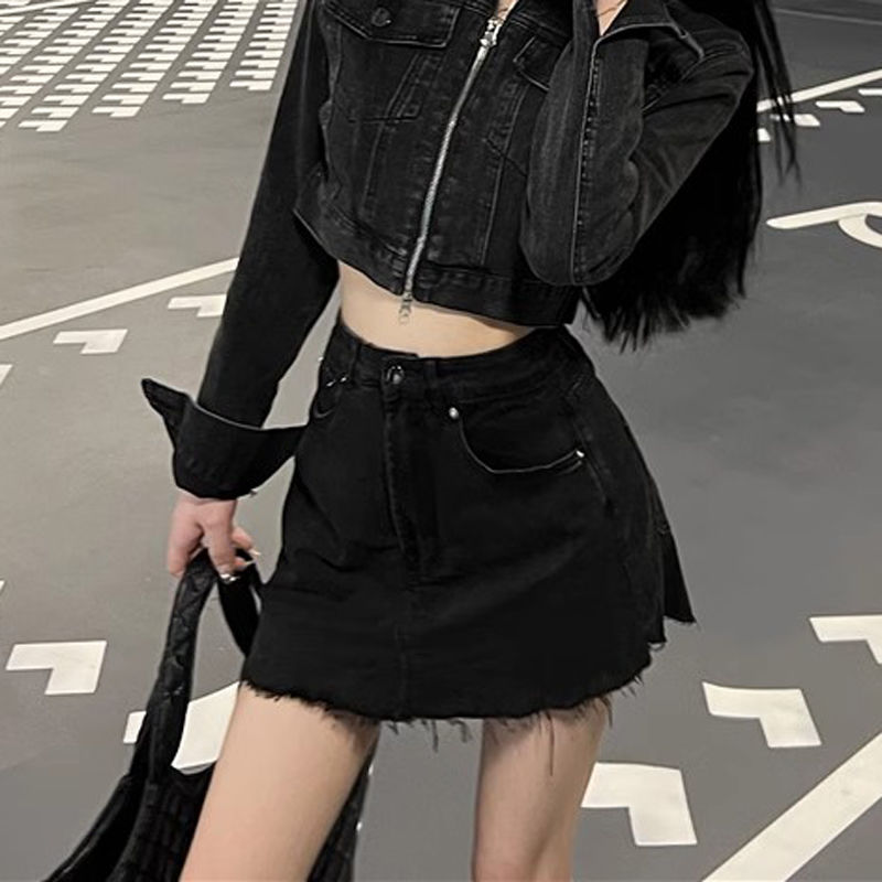 辣妹復古黑灰色牛仔半身裙女夏季小個子高腰顯瘦防走光包臀短裙潮