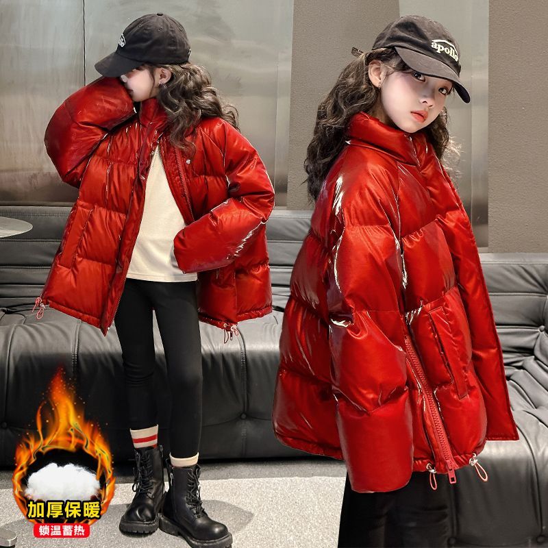 Girls short children's down jacket new winter no-wash glossy red style Korean style jacket New Year's greetings
