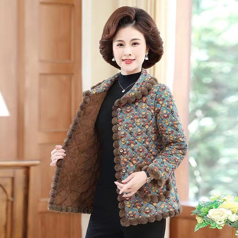 Mother's clothing autumn and winter new cotton coat plus velvet thickened cotton coat western style middle-aged and elderly women's loose warm cotton jacket