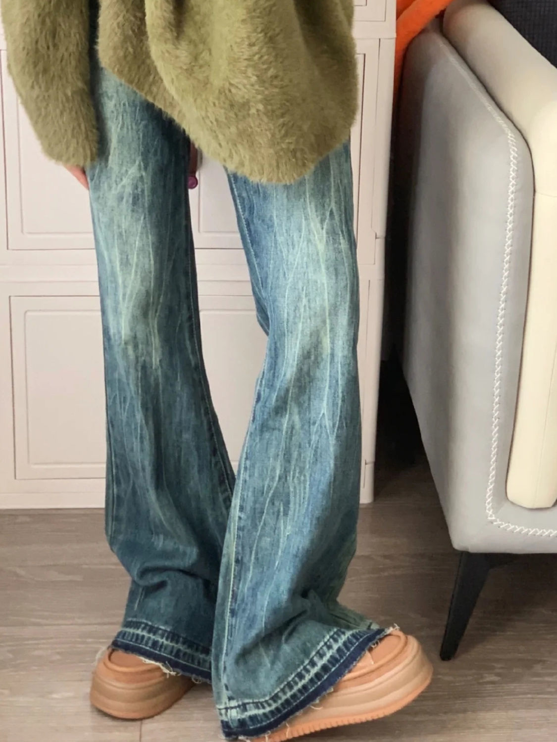 美式辣妹修身微喇牛仔褲女春季新款復古高腰顯瘦直筒拖地長褲子潮
